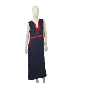 Ancient Kallos Athena Cord Navy Blue Linen Maxi Dress Red Embroidered Trim – M